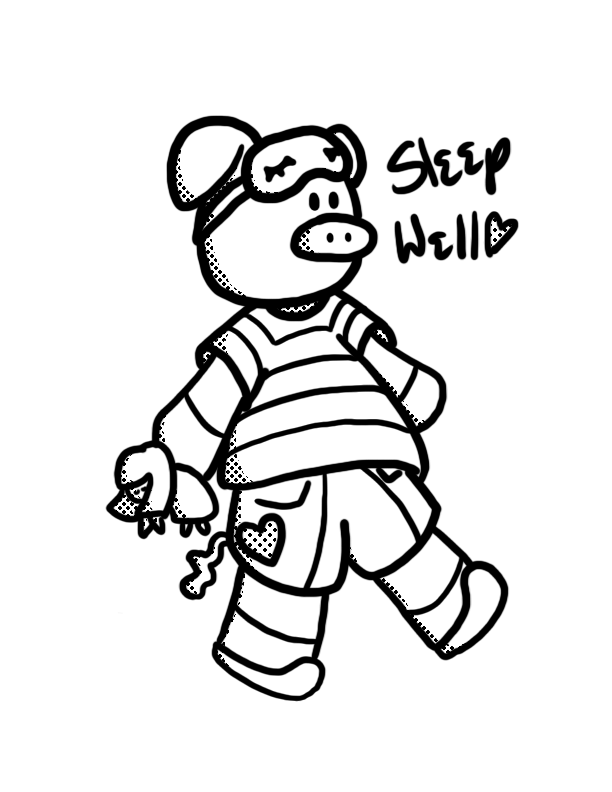 black and white drawing of Piggy in pjs saying sleep well